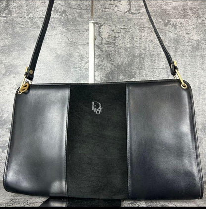 Christian Dior Shoulder Bag Purse Logo Suede Leather Black Authentic