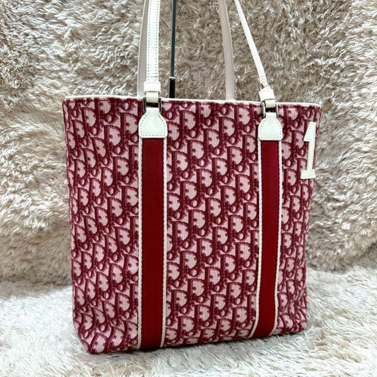Christian Dior Hand Bag Tote Purse Trotter Canvas Red Authentic