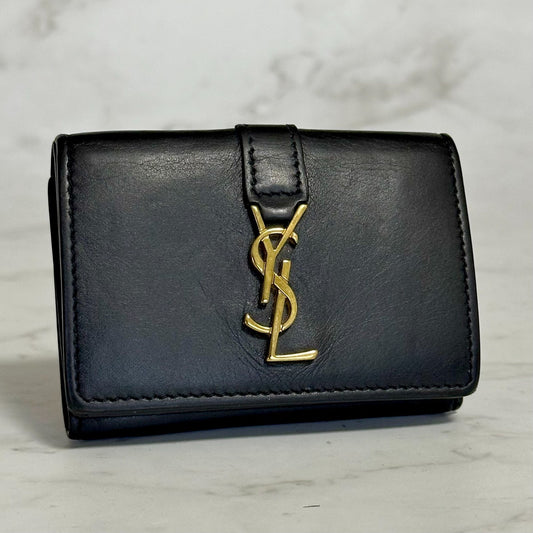 Saint Laurent YSL Bi-fold Wallet Cassandra Leather Black Gold Used Authentic