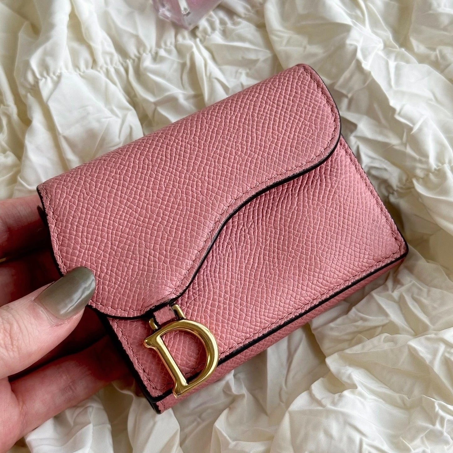 Christian Dior Wallet Saddle Charm Tri-fold Compact Purse Leather Pink Gold Auth