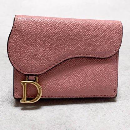 Christian Dior Wallet Saddle Charm Tri-fold Compact Purse Leather Pink Gold Auth
