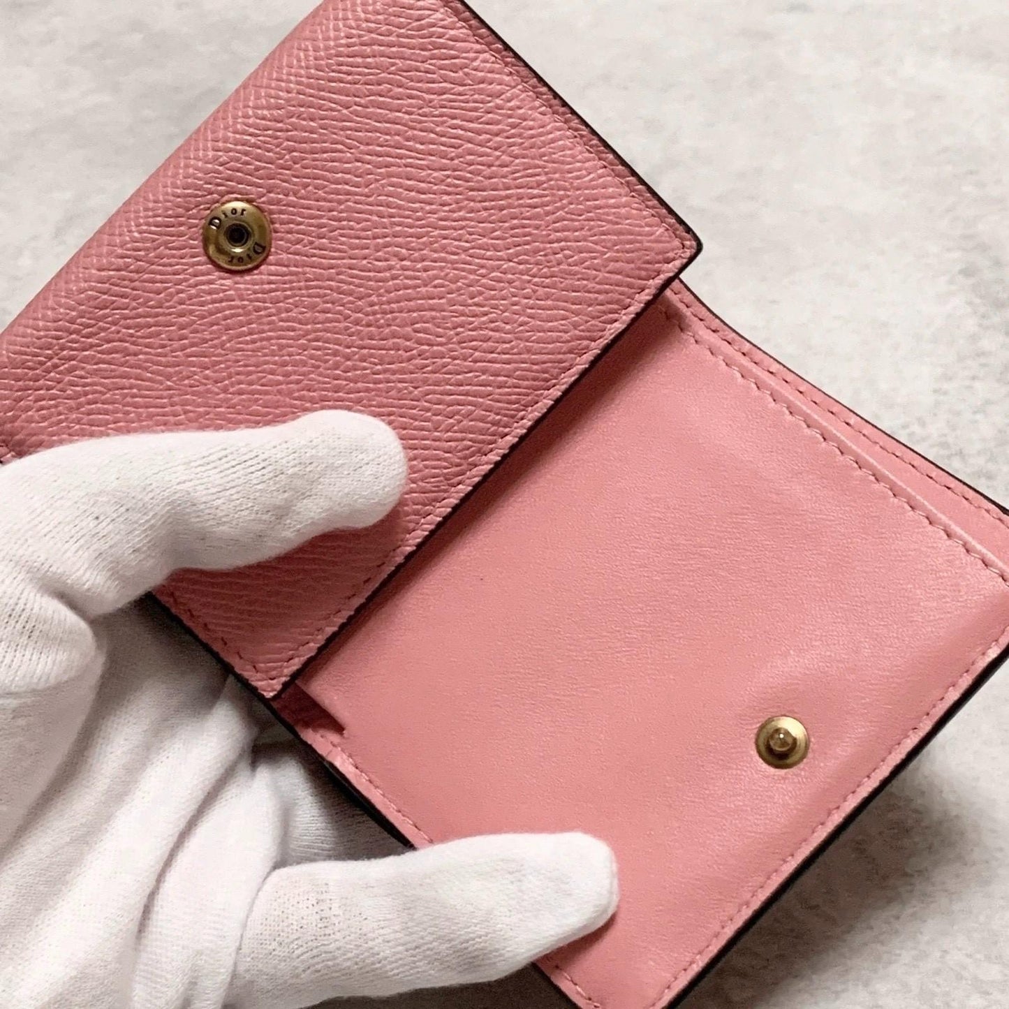 Christian Dior Wallet Saddle Charm Tri-fold Compact Purse Leather Pink Gold Auth