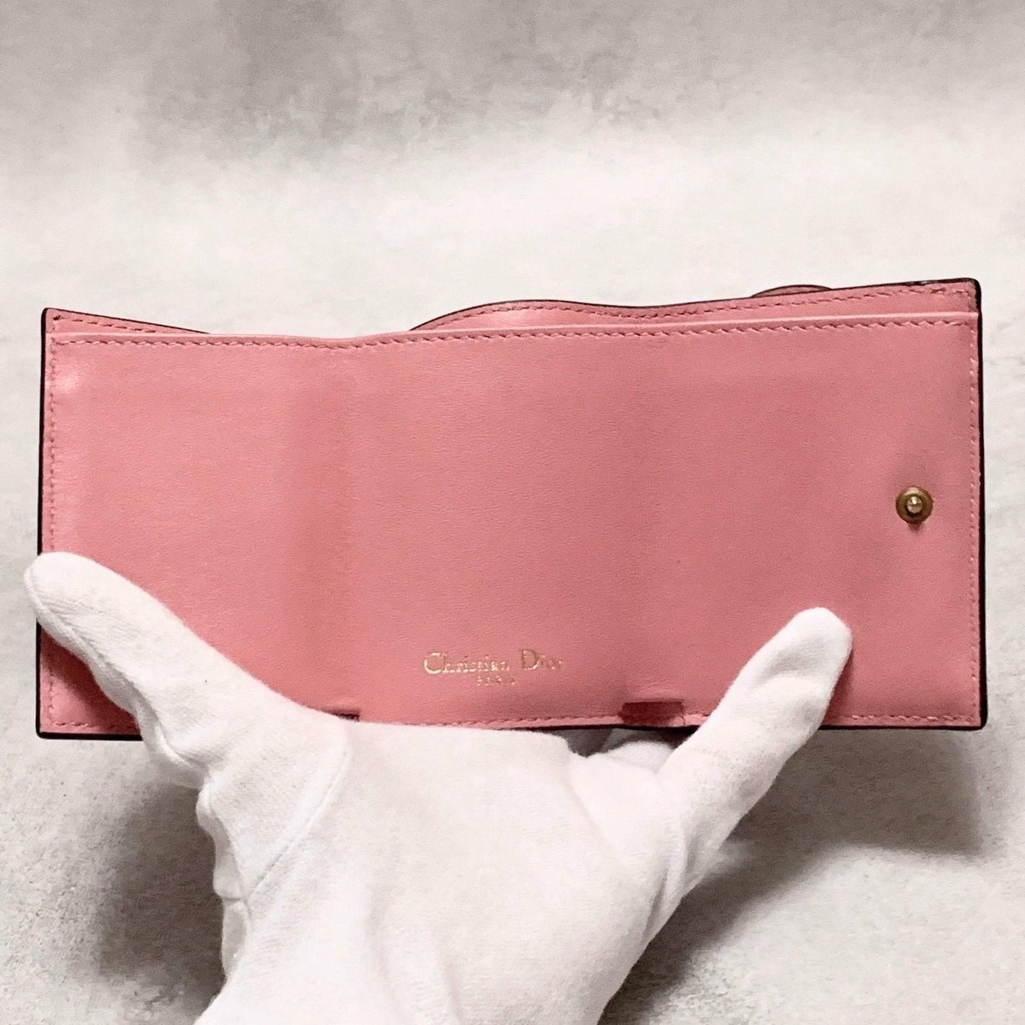 Christian Dior Wallet Saddle Charm Tri-fold Compact Purse Leather Pink Gold Auth