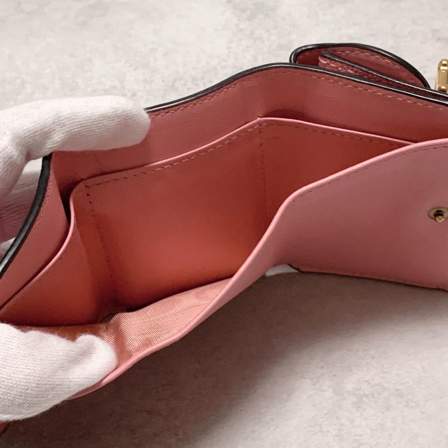 Christian Dior Wallet Saddle Charm Tri-fold Compact Purse Leather Pink Gold Auth