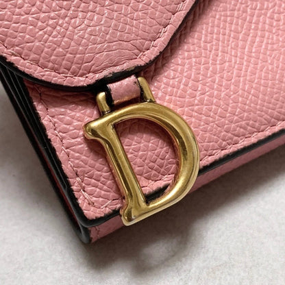 Christian Dior Wallet Saddle Charm Tri-fold Compact Purse Leather Pink Gold Auth
