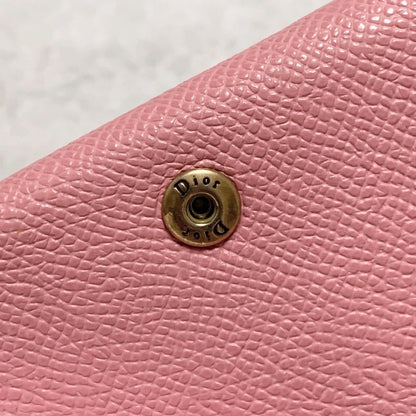Christian Dior Wallet Saddle Charm Tri-fold Compact Purse Leather Pink Gold Auth