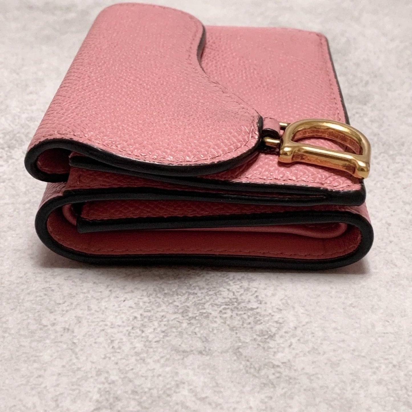 Christian Dior Wallet Saddle Charm Tri-fold Compact Purse Leather Pink Gold Auth