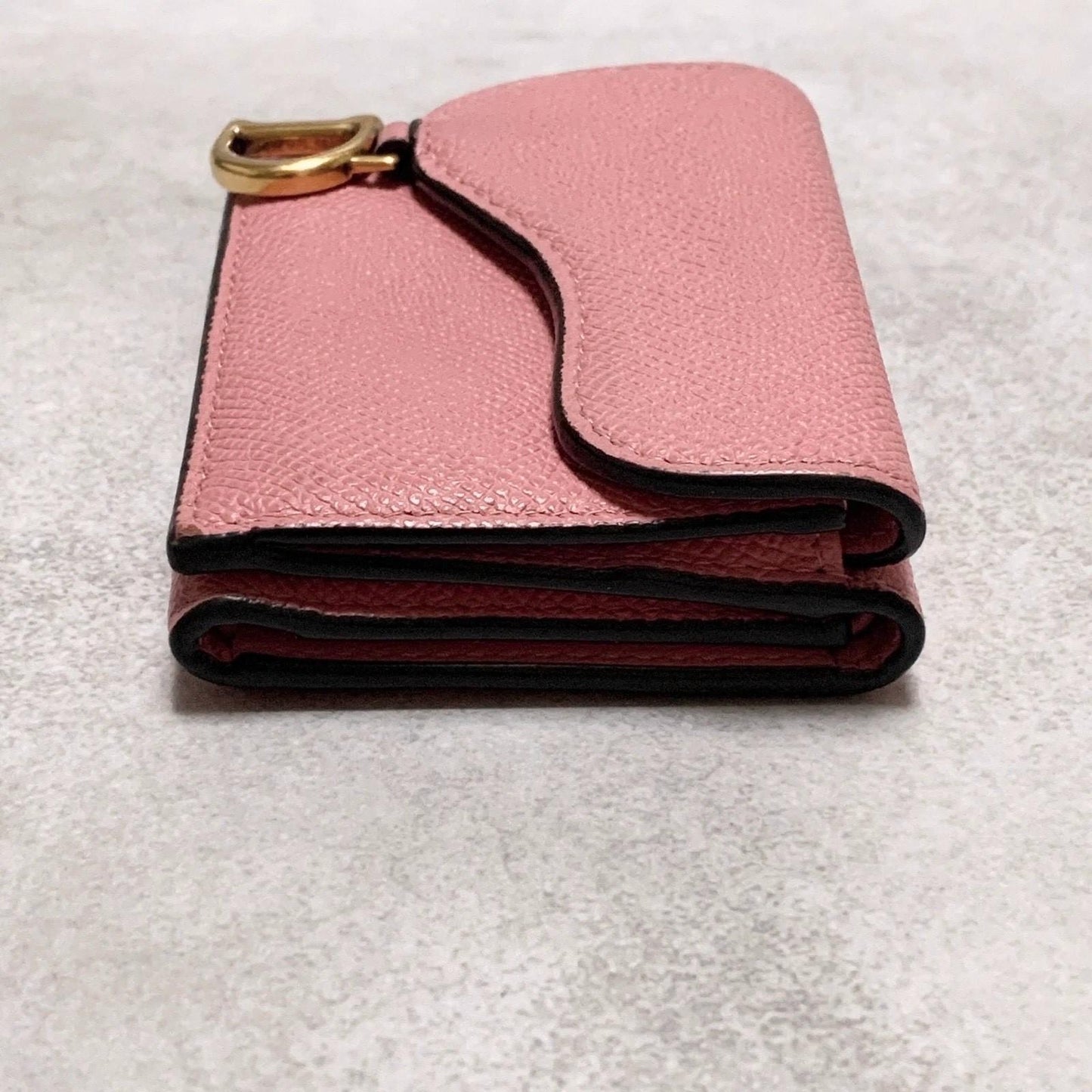 Christian Dior Wallet Saddle Charm Tri-fold Compact Purse Leather Pink Gold Auth