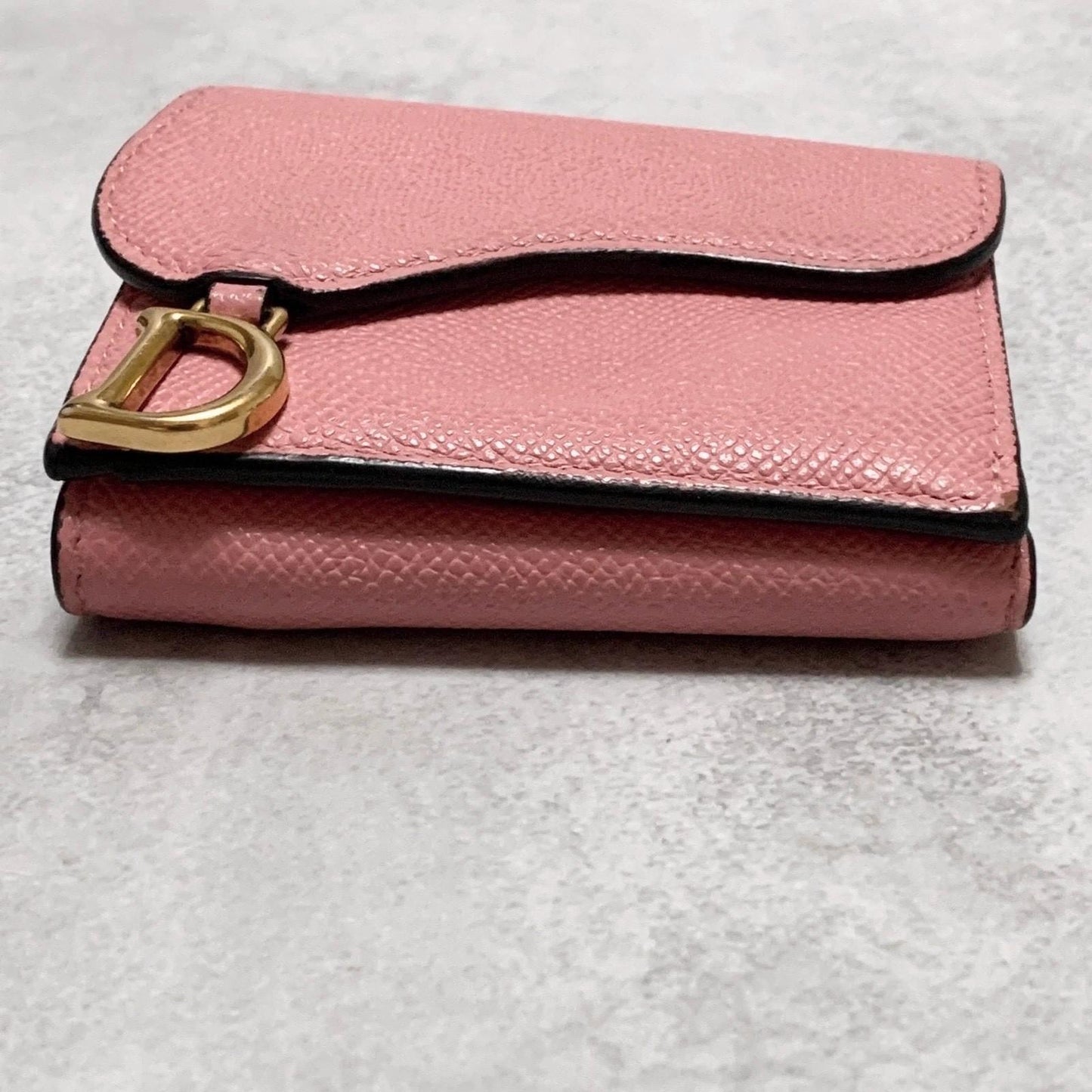 Christian Dior Wallet Saddle Charm Tri-fold Compact Purse Leather Pink Gold Auth