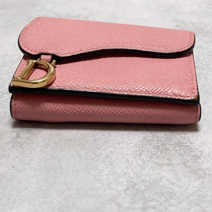 Christian Dior Wallet Saddle Charm Tri-fold Compact Purse Leather Pink Gold Auth