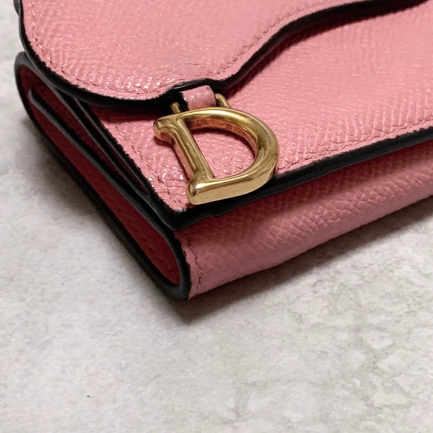 Christian Dior Wallet Saddle Charm Tri-fold Compact Purse Leather Pink Gold Auth