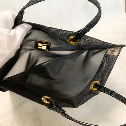 FENDI Handbag Tote Bag Purse Mesh Leather Black Gold Used Women's Authentic