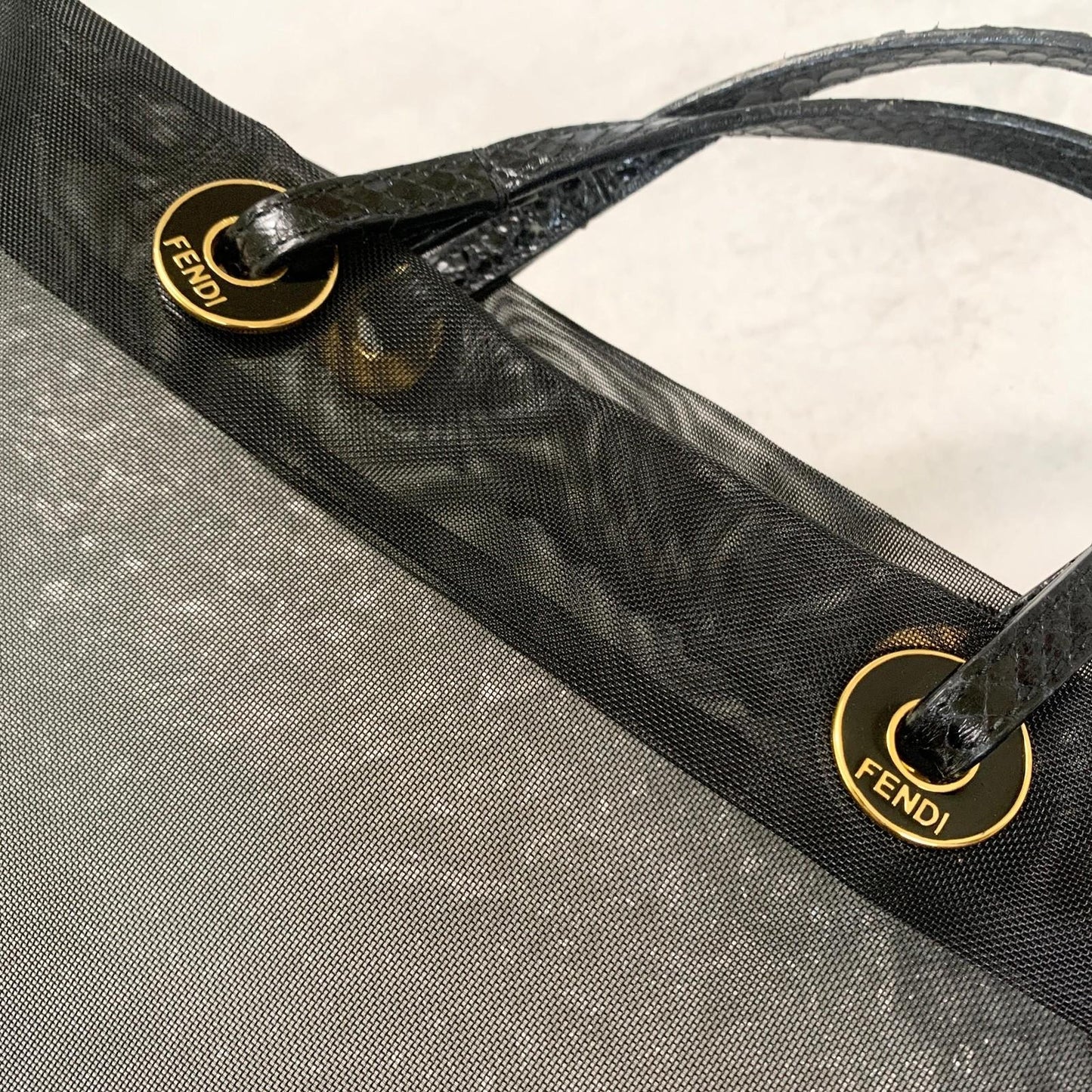 FENDI Handbag Tote Bag Purse Mesh Leather Black Gold Used Women's Authentic