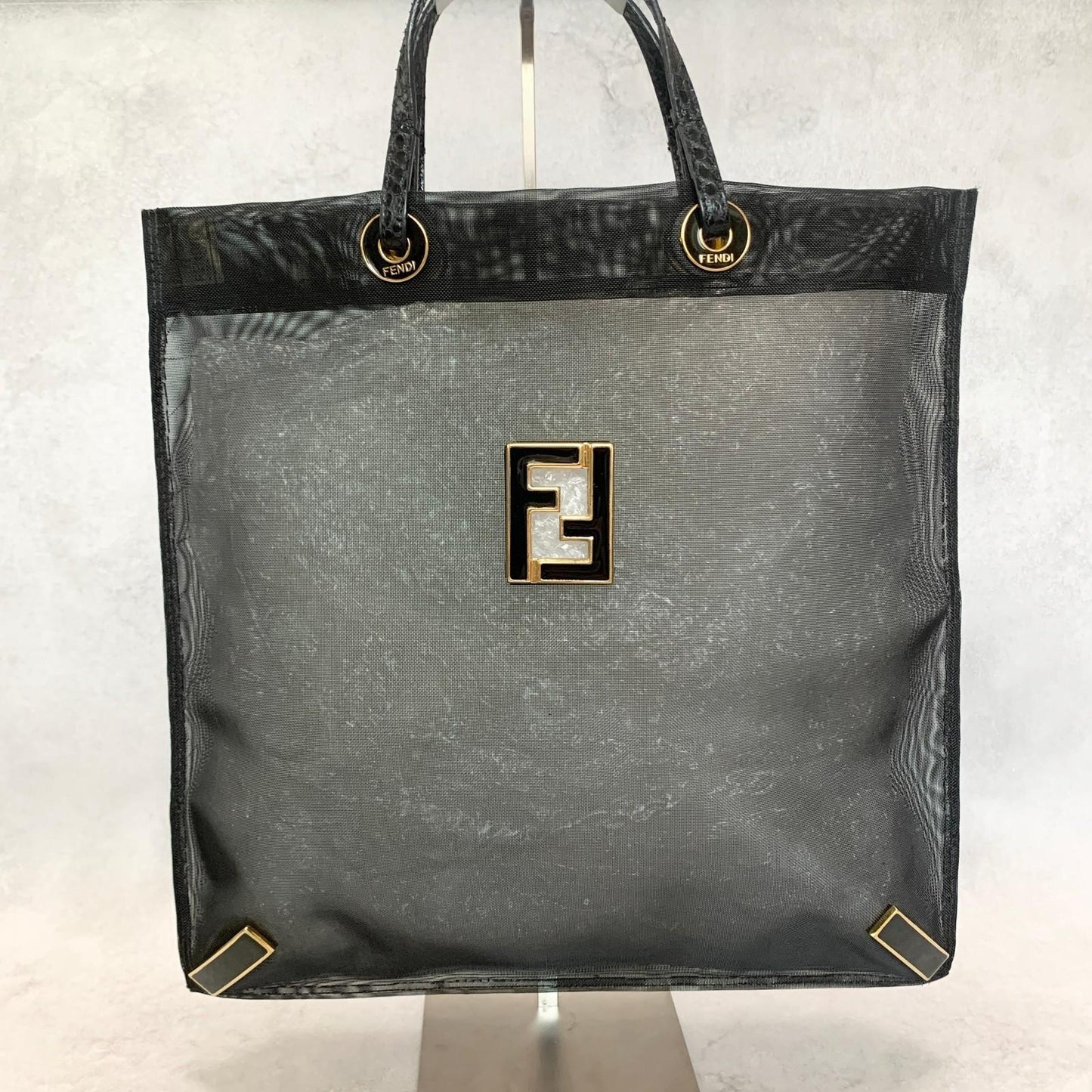 FENDI Handbag Tote Bag Purse Mesh Leather Black Gold Used Women's Authentic