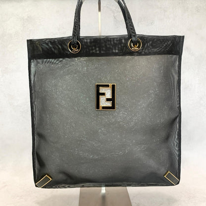 FENDI Handbag Tote Bag Purse Mesh Leather Black Gold Used Women's Authentic