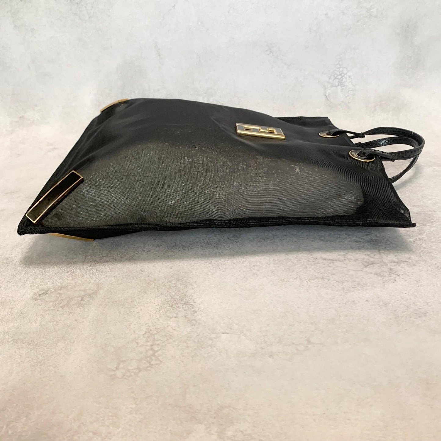 FENDI Handbag Tote Bag Purse Mesh Leather Black Gold Used Women's Authentic