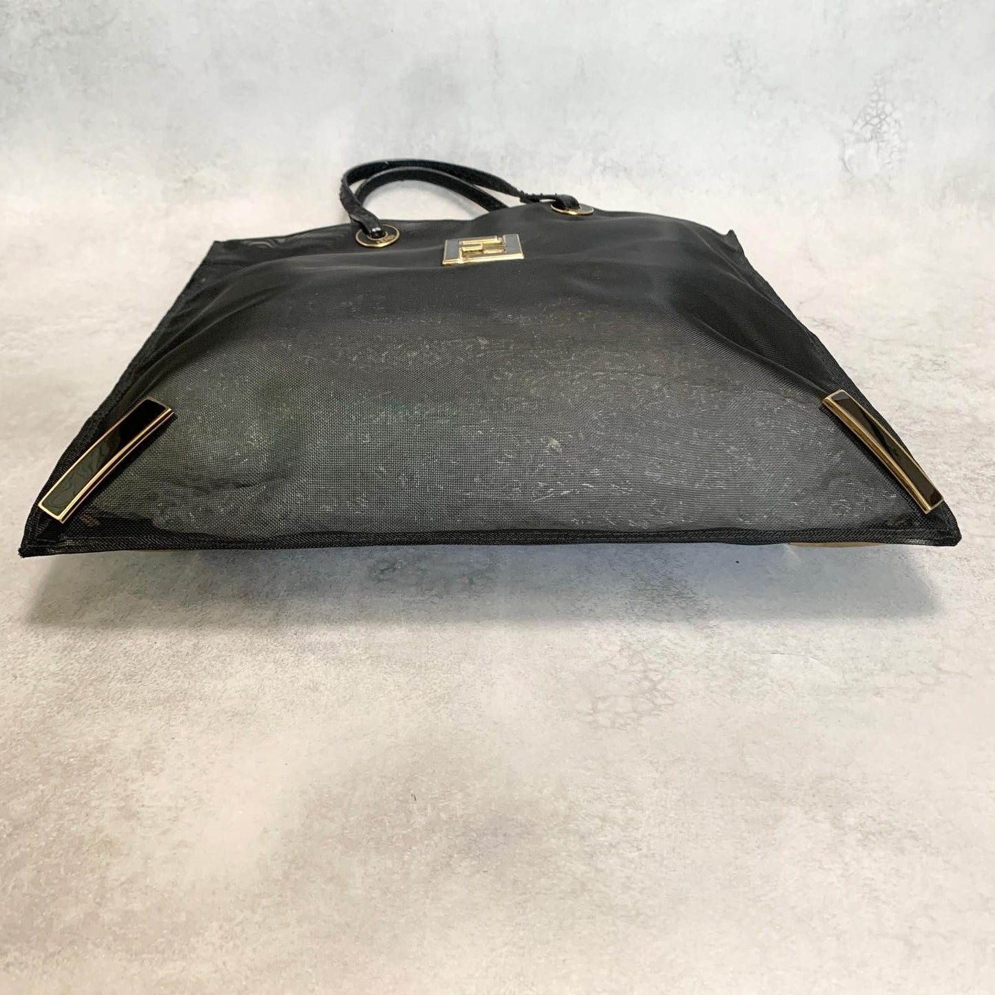 FENDI Handbag Tote Bag Purse Mesh Leather Black Gold Used Women's Authentic