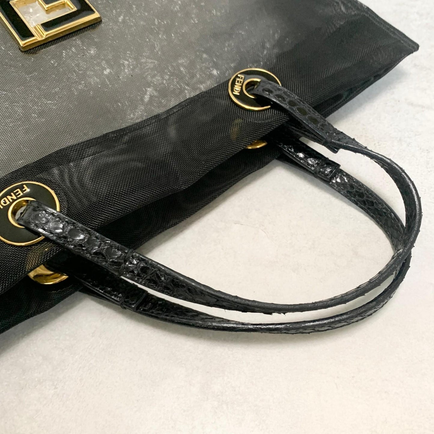 FENDI Handbag Tote Bag Purse Mesh Leather Black Gold Used Women's Authentic