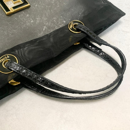 FENDI Handbag Tote Bag Purse Mesh Leather Black Gold Used Women's Authentic