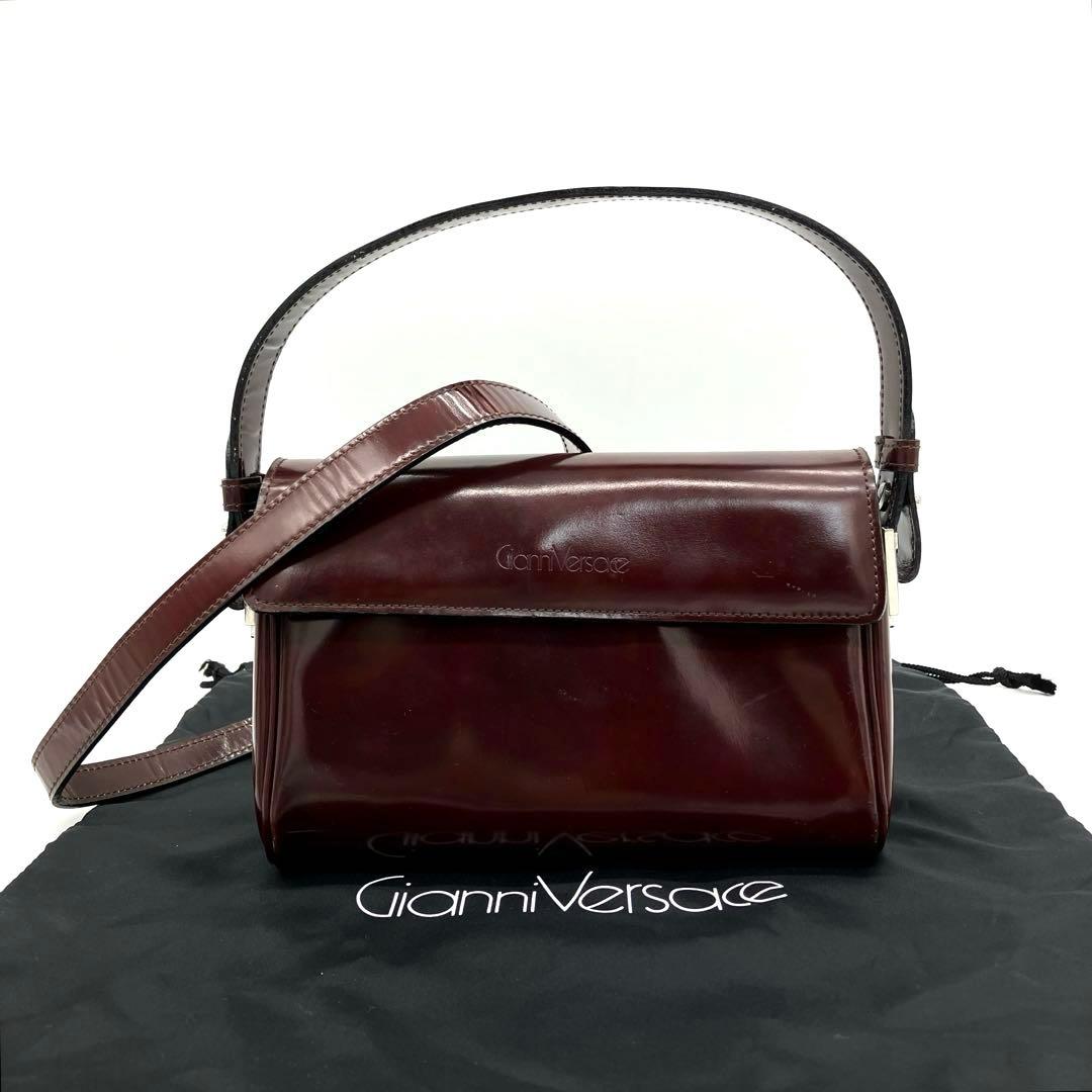 VERSACE Hand Shoulder Bag Tote Purse 2way Logo Patent Leather Bordeaux Authentic