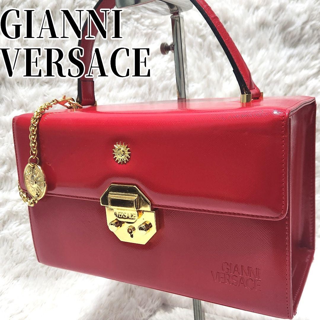 VERSACE Hand Bag Tote Purse Vanity Bag Sunburst Logo Red Authentic
