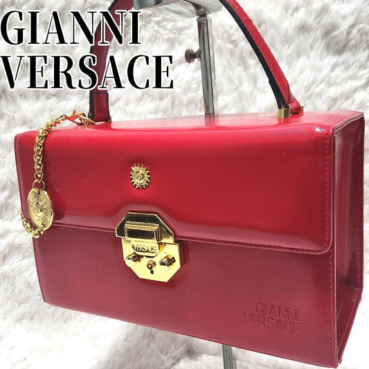 VERSACE Hand Bag Tote Purse Vanity Bag Sunburst Logo Red Authentic