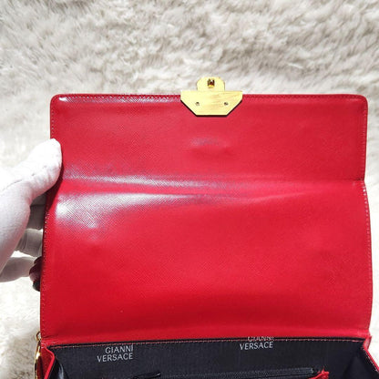 VERSACE Hand Bag Tote Purse Vanity Bag Sunburst Logo Red Authentic