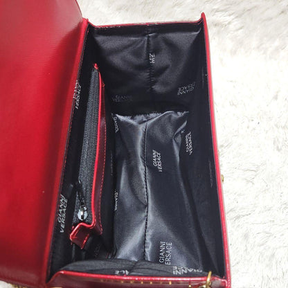 VERSACE Hand Bag Tote Purse Vanity Bag Sunburst Logo Red Authentic