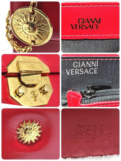 VERSACE Hand Bag Tote Purse Vanity Bag Sunburst Logo Red Authentic