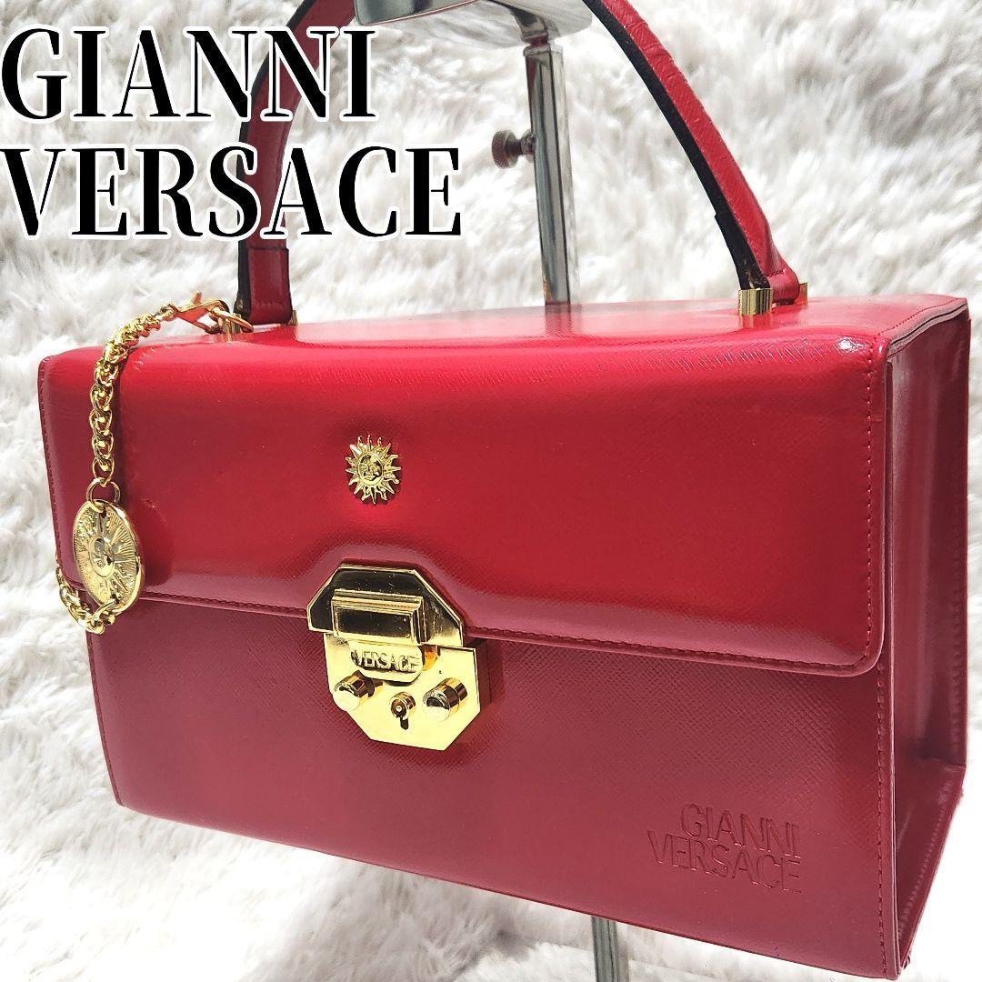 VERSACE Hand Bag Tote Purse Vanity Bag Sunburst Logo Red Authentic