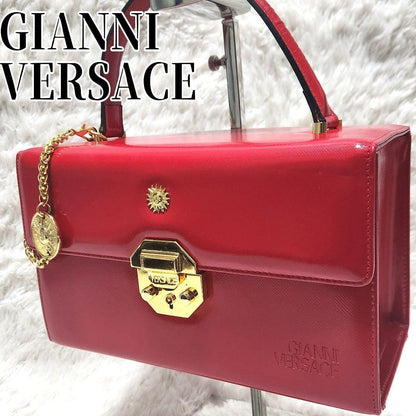 VERSACE Hand Bag Tote Purse Vanity Bag Sunburst Logo Red Authentic