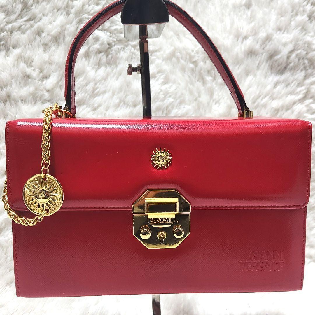 VERSACE Hand Bag Tote Purse Vanity Bag Sunburst Logo Red Authentic