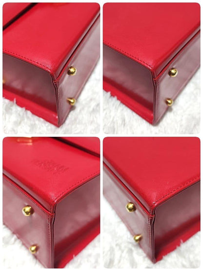 VERSACE Hand Bag Tote Purse Vanity Bag Sunburst Logo Red Authentic