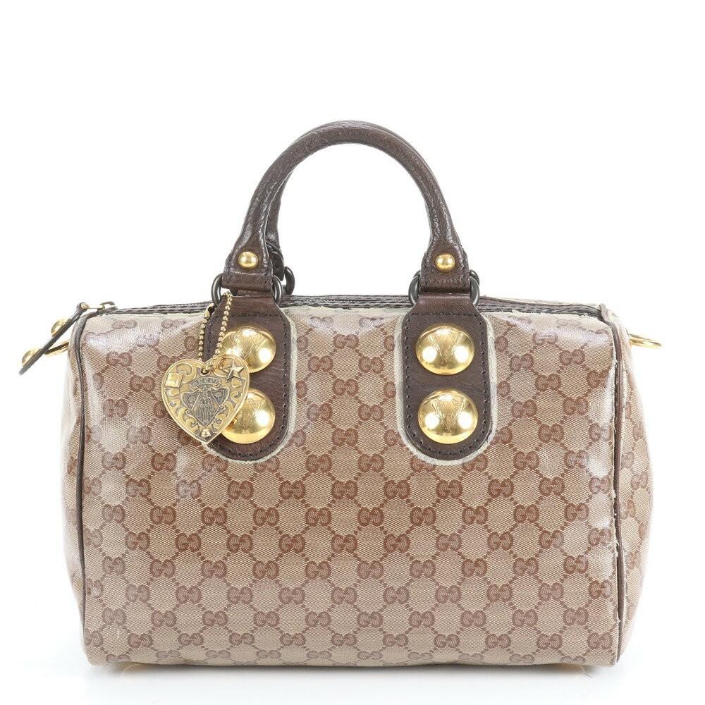 GUCCI Hand Bag Tote Purse Mini Boston GG Crystal Leather Coated Canvas Brown