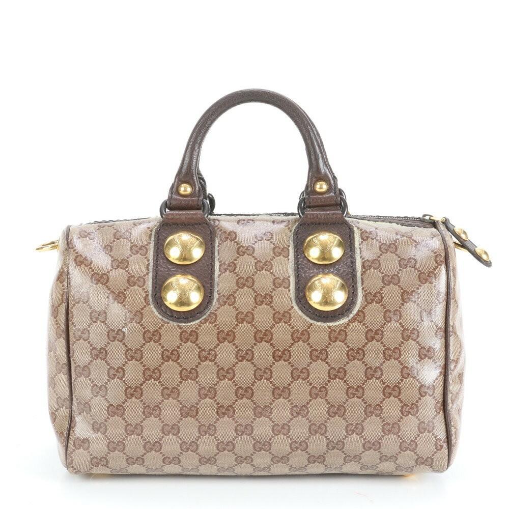 GUCCI Hand Bag Tote Purse Mini Boston GG Crystal Leather Coated Canvas Brown