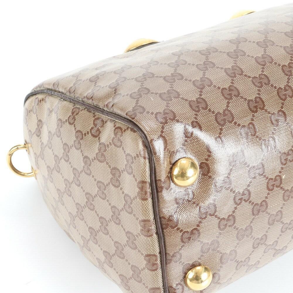 GUCCI Hand Bag Tote Purse Mini Boston GG Crystal Leather Coated Canvas Brown