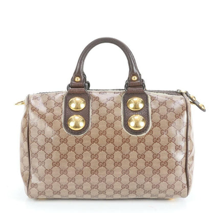 GUCCI Hand Bag Tote Purse Mini Boston GG Crystal Leather Coated Canvas Brown