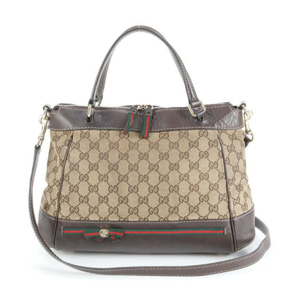 GUCCI Hand Shoulder Bag Tote Purse 2way GG Canvas Leather Beige Brown Authentic