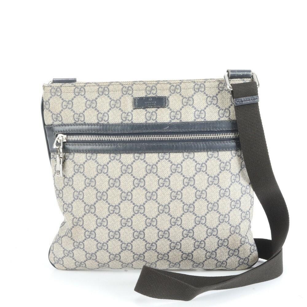 GUCCI Shoulder Bag Purse GG Supreme Leather Coated Canvas Navy Authentic