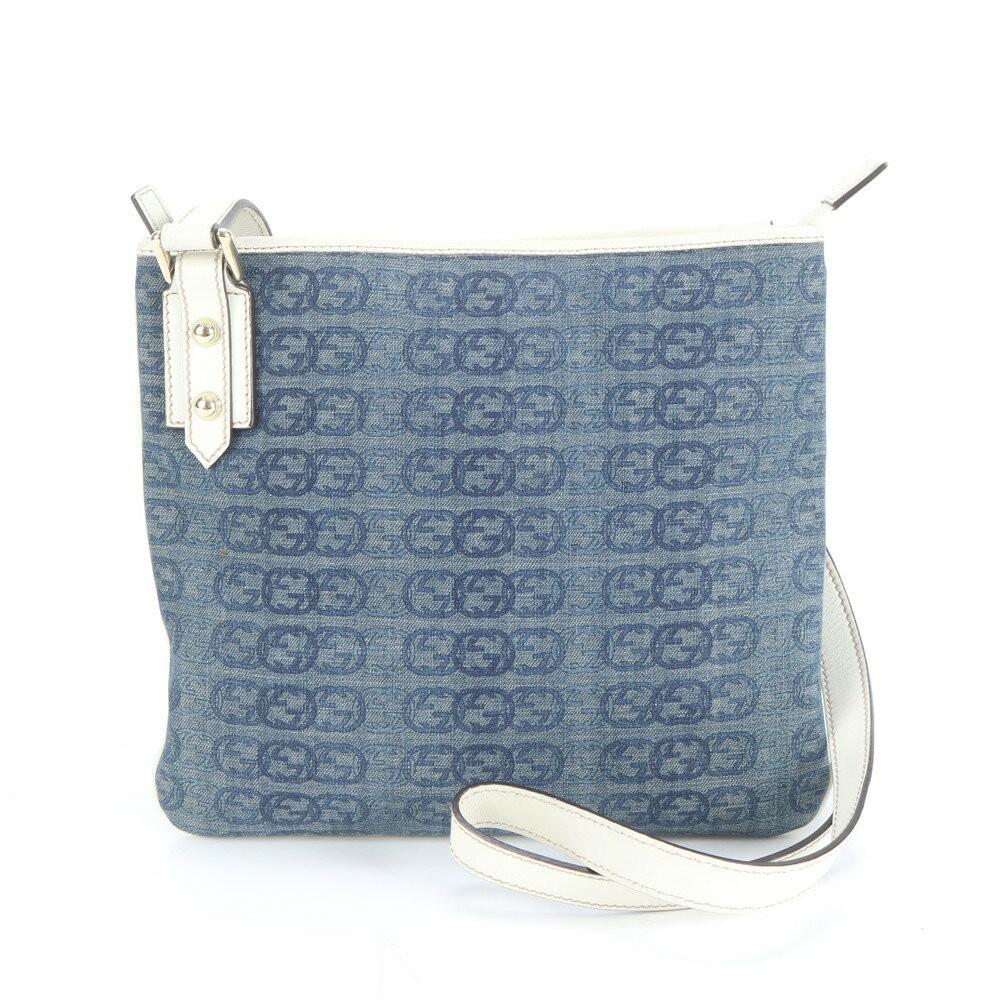 GUCCI Shoulder Bag Purse Interlocking G Leather Canvas Blue White Authentic