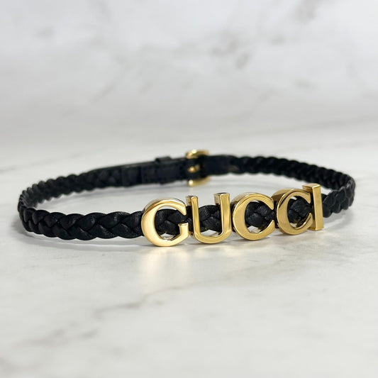 GUCCI Choker Necklace Logo Leather Black Gold Accessory Women's Used Authentic