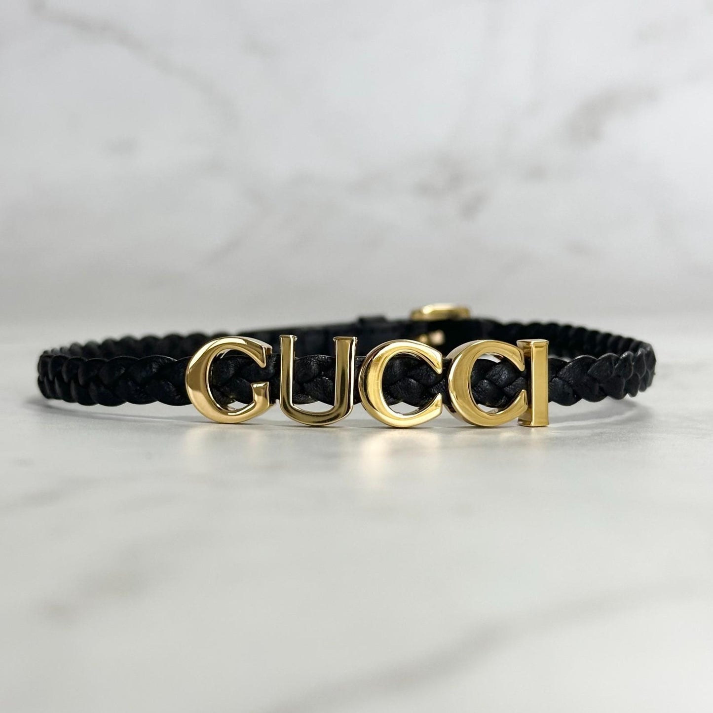 GUCCI Choker Necklace Logo Leather Black Gold Accessory Women's Used Authentic