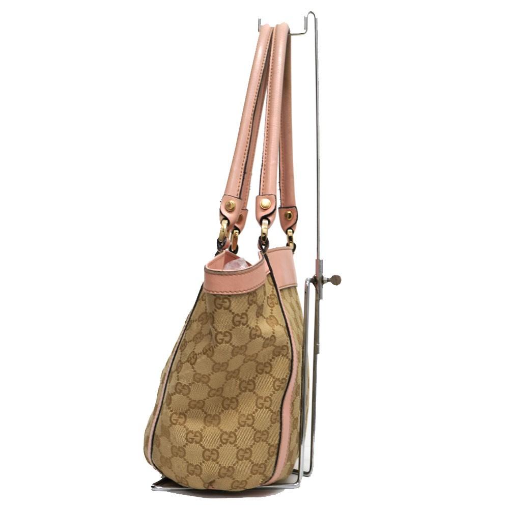 GUCCI Hand Bag Tote Purse GG Canvas Leather Beige Pink Authentic