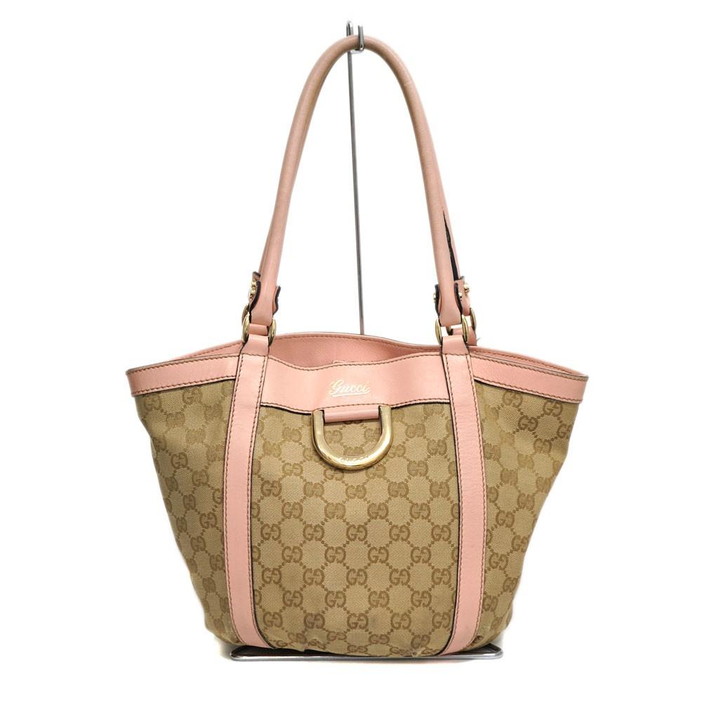 GUCCI Hand Bag Tote Purse GG Canvas Leather Beige Pink Authentic