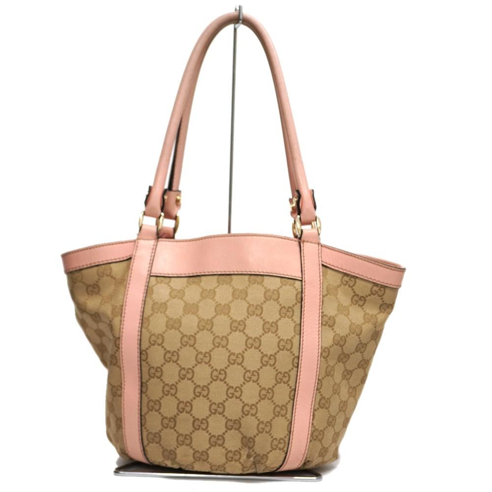 GUCCI Hand Bag Tote Purse GG Canvas Leather Beige Pink Authentic
