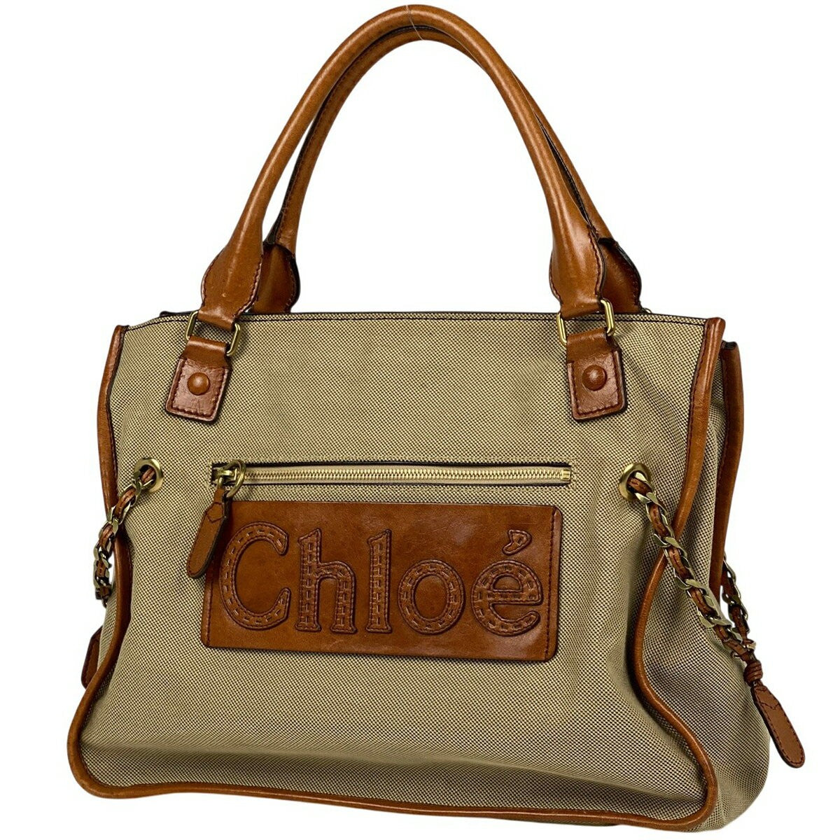 Chloe Hand Bag Tote Purse Logo Canvas Leather Beige Authentic