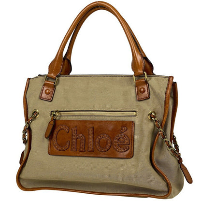 Chloe Hand Bag Tote Purse Logo Canvas Leather Beige Authentic