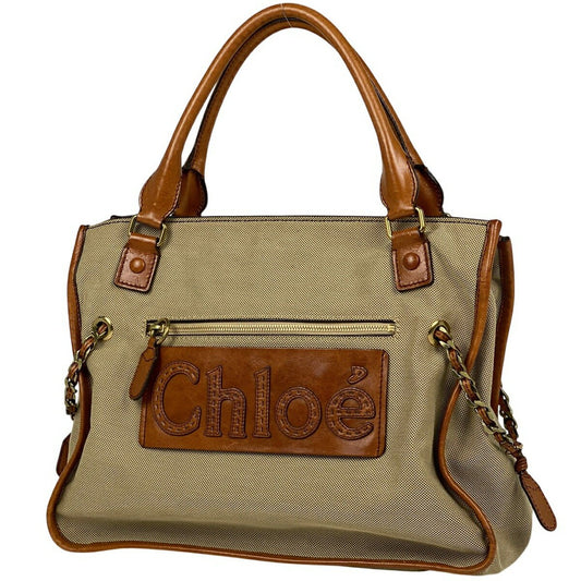 Chloe Hand Bag Tote Purse Logo Canvas Leather Beige Authentic