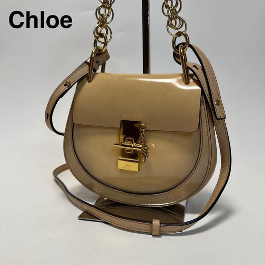 Chloe Hand Shoulder Bag Tote Purse 2way Drew Patent Leather Beige Authentic