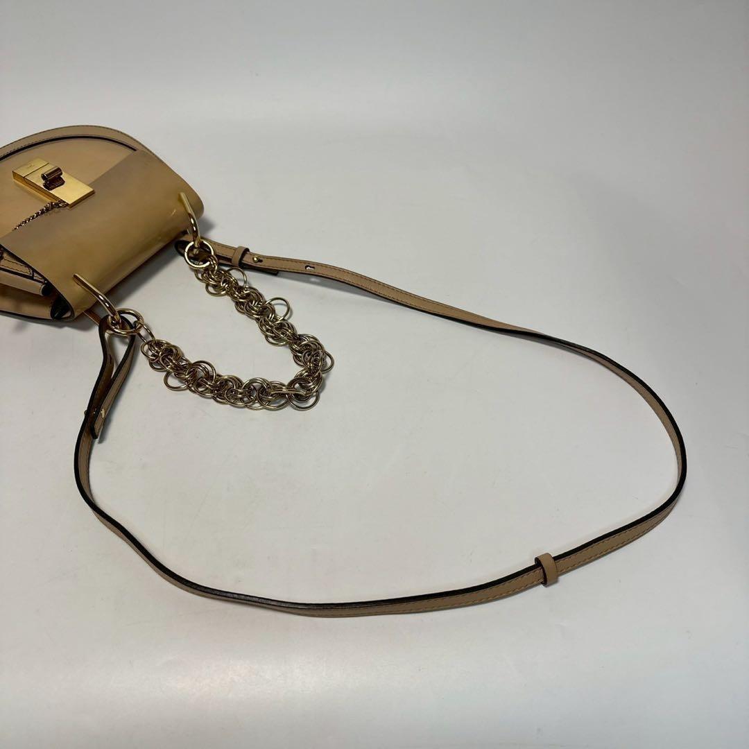 Chloe Hand Shoulder Bag Tote Purse 2way Drew Patent Leather Beige Authentic